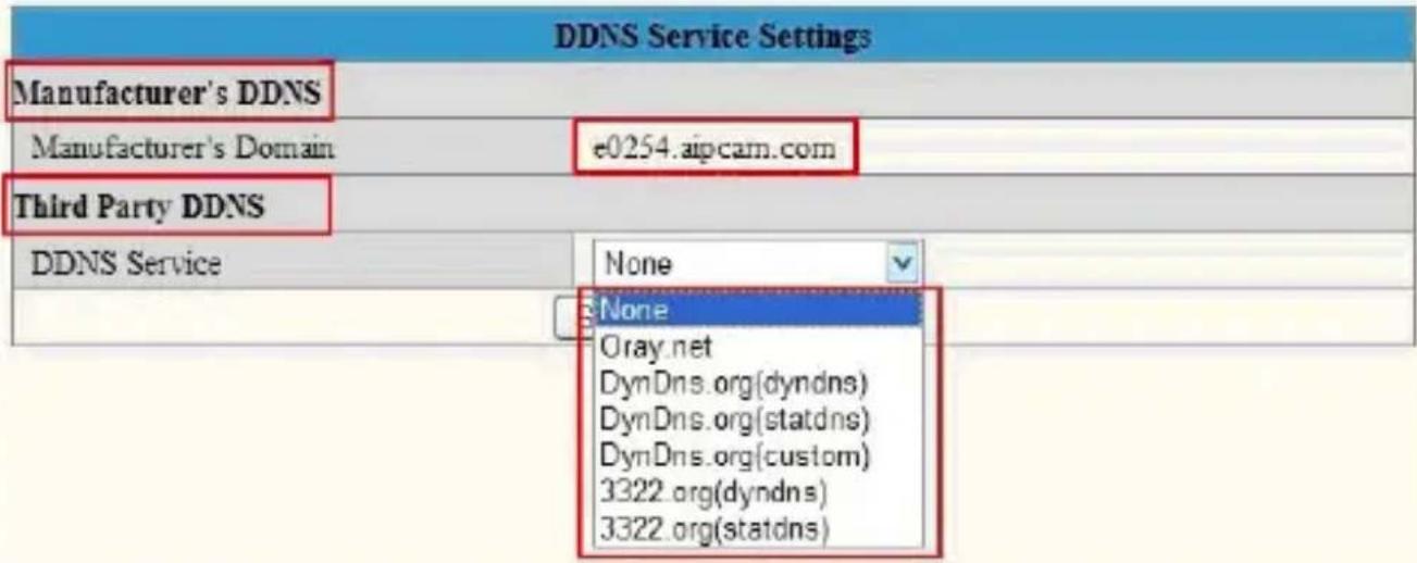 DDNS Service Settings Manufacturer's DDNS Manufacturer's Domain e0254.aipcam.com Third Party DDNS DDNS Service None None Gray.net DynDns.org(dyndns) DynDns.org(statdns) DynDns.org(custom) 3322.org(dyndns) 3322.org(statdns)