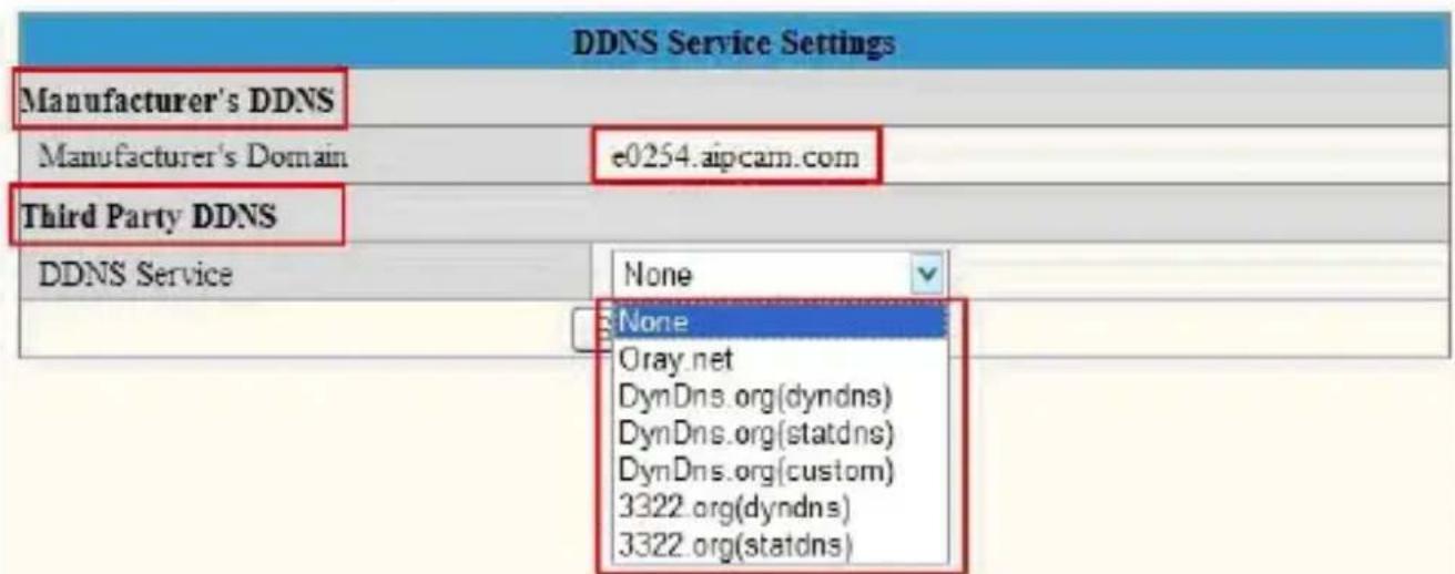 DDNS Service Settings Manufacturer's DDNS Manufacturer's Domain e0254.aipcam.com Third Party DDNS DDNS Service None None Oray.net DynDns.org(dyndns) DynDns.org(statdns) DynDns.org(custom) 3322.org(dyndns) 3322.org(statdns)