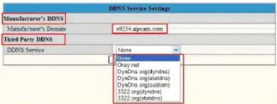 DDNS Service Settings Manufacturer's DDNS Manufacturer's Domain e0254.ajpcam.com Third Party DDNS DDNS Service None None Okay not DynDns.org(dyndns) DynDns.org(statdns) DynDns.org(custom) 3322.org(dyndns) 3322.org(statdns)