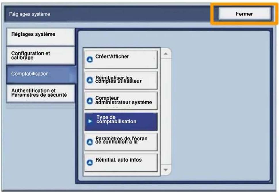 Réglages système Fermer Réglages système Configuration et calibrage Comptabilisation Authentication et Paramètres de sécurité Créer/Afficher Réinitialiser les comptés utilisateur Compteur administrateur système Type de comptabilisation Paramètres de l'écran de connexion à la Réinitial. auto infos