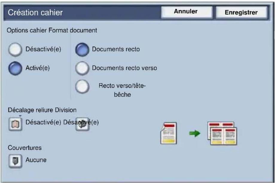 Création cahier Annuler Enregistrer Options cahier Format document Désactivé(e) Documents recto Activé(e) Documents recto verso Recto verso/tête- bêche Décalage reliure Division Désactivé(e) Désactivé(e) Couvertures Aucune