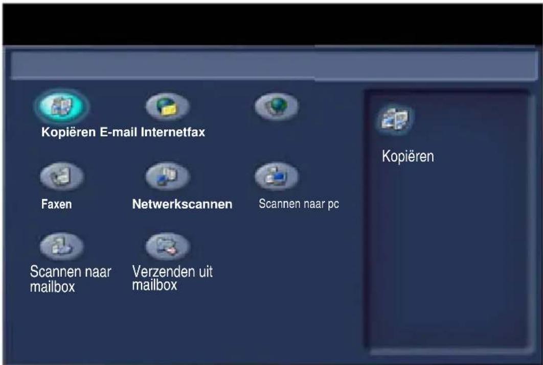 Kopiëren E-mail Internetfax Faxen Netwerkscannen Scannen naar pc Scannen naar mailbox Verzenden uit mailbox Kopiëren