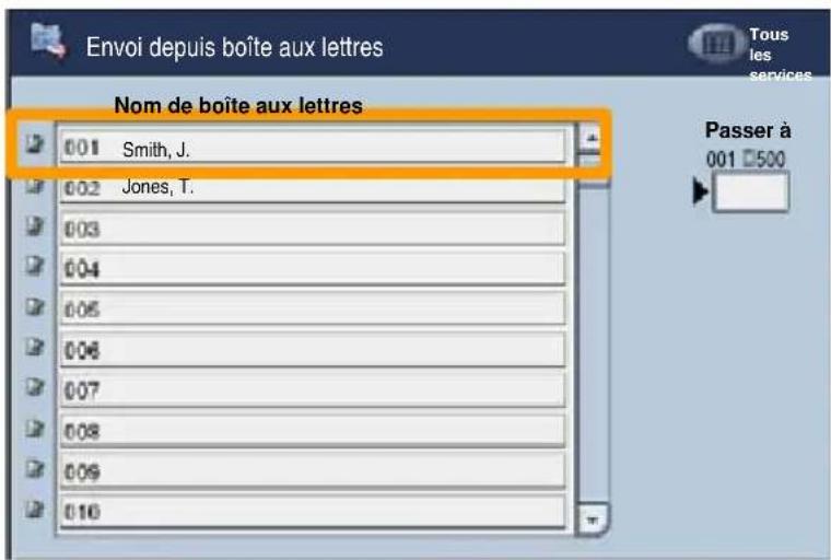 Envoi depuis boîte aux lettres Nom de boîte aux lettres 001 Smith, J. 002 Jones, T. 003 004 005 006 007 008 009 010 Tous les services Passer à 001 500