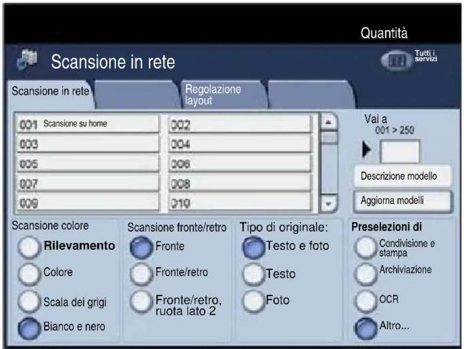 Quantità Scansione in rete Tutti i servizi Scansione in rete Regolazione layout 001 Scansione su home 002 003 004 005 006 007 008 009 010 Vai a 001 > 250 Descrizione modello Aggiorna modelli Scansione colore Rilevamento Colore Scala dei grigi Bianco e nero Scansione fronte/retro Fronte Fronte/retro Fronte/retro, ruota lato 2 Tipo di originale: Testo e foto Testo Foto Preselezioni di Condivisione e stampa Archiviazione OCR Altro...