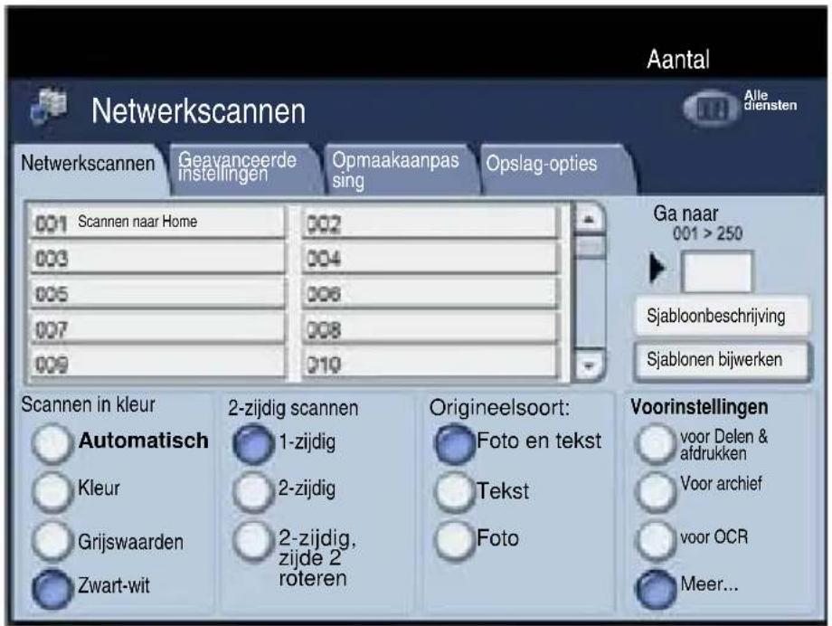 Aantal Netwerkscannen Alle diensten Netwerkscannen Geavanceerde instellingen Opmaakaanpas sing Opslag-opties 001 Scannen naar Home 002 003 004 005 006 007 008 009 010 Ga naar 001 > 250 Sjabloonbeschrijving Sjablonen bijwerken Scannen in kleur Automatisch 2-zijdig scannen Kleur 1-zijdig Grijswaarden 2-zijdig, Zwart-wit zijde 2 roteren Origineelsoort: Foto en tekst Tekst Foto Voorinstellingen voor Delen & afdrukken Voor archief voor OCR Meer...