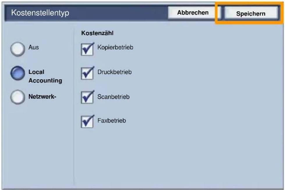 Kostenstellentyp Abbrechen Speichern Aus Local Accounting Netzwerk- Kostenzahl ✓ Kopierbetrieb ✓ Druckbetrieb ✓ Scanbetrieb ✓ Faxbetrieb