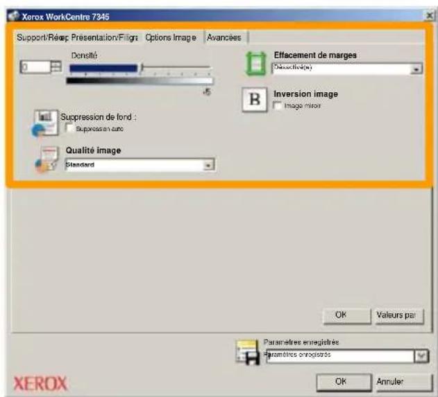 Xerox WorkCentre 7345 Support/Rep: Presentation/Filgrs Options Image Avancées Densité Effacement de marges Densification B Inversion image Image mirror Suppression de fond : Suppression surc Qualité image Standard OK Values par Paramètres enregistres Paramètres enregistres OK Annuler XEROX