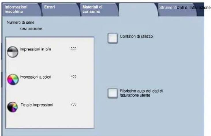 Informazioni macchina Errori Materiali di consumo Strument Dati di fatturazione Numero di serie KMM-00000505 Impressioni in b/n 300 Impressioni a colori 400 Totale impressioni 700 Contatori di utilizzo Ripristino auto dei dati di fatturazione utente