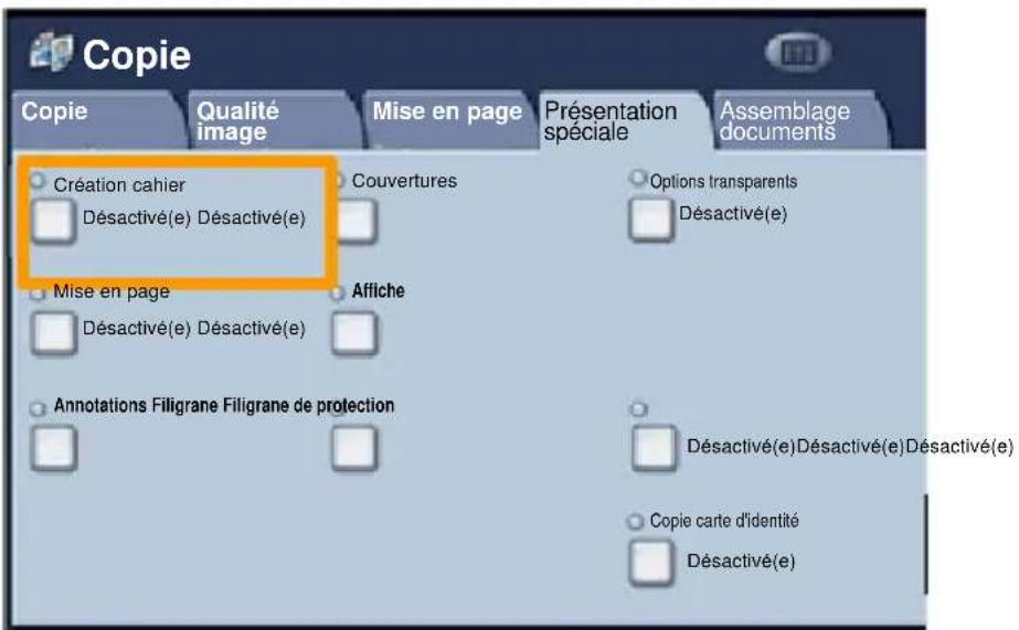 Copie Copie Qualité image Mise en page Présentation spéciale Assemblage documents Création cahier Désactivé(e) Désactivé(e) Couvertures Options transparents Désactivé(e) Mise en page Affiche Désactivé(e) Désactivé(e) Annotations Filigrane Filigrane de protection Désactivé(e)Désactivé(e)Désactivé(e)…