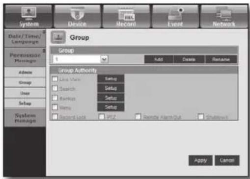 System Device Record Event Network Date/Time/ Language Group Group Add Delete Rename Group Authority Live User Setup Search Setup Batch Setup Name Setup Record User PCZ Remote Alarm/Out Shutdown Apply Cancel