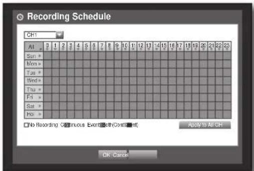 Recording Schedule CH1 All 9 1 2 3 4 5 6 7 8 9 10 11 12 13 14 15 16 17 18 19 20 21 22 23 Sun * Mon * Tue * Wed * Thu * Fri * Sat * Ho * No Recording Continuous EventWith Cond. Apply to All CH OK Cancel