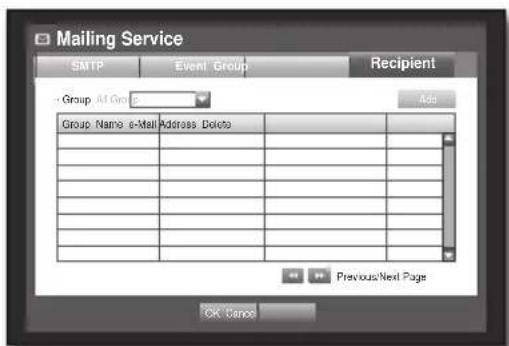 Mailing Service SMTP Event Group Recipient Group At Group Add Group Name e-Mail Address Delete Previous Next Page OK Cancel