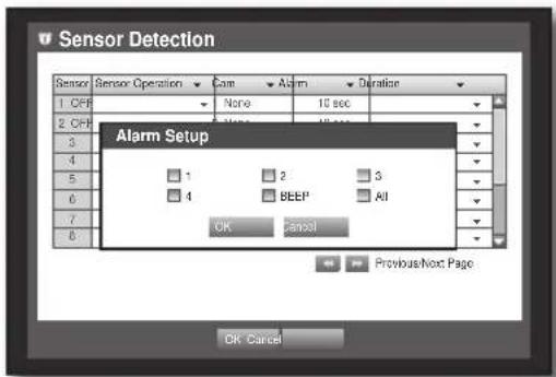 Sensor Detection Sensor Operation 1 OFF 2 OFF 3 4 5 6 7 8 None 10 sec Alarm Setup 1 2 3 4 BEEP All OK Cancel Previous/Next Page OK Cancel