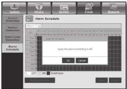 System Device Record Event Network Sensor Detection Phosphate Detection Video Loss Detection Alarm Schedule Alarm Schedule Alarm 1.0 All Sum More Two Word Four Five Six Six Six OK Cancel OFF ON Event Sync Store Forward