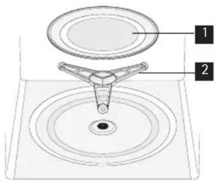 Technical diagram of a mechanical device with labeled parts 1 and 2, showing a central component and concentric rings.