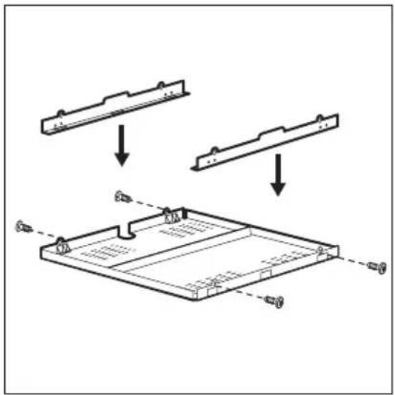 Technical diagram showing assembly steps of a mechanical component with labeled parts and directional arrows indicating motion.