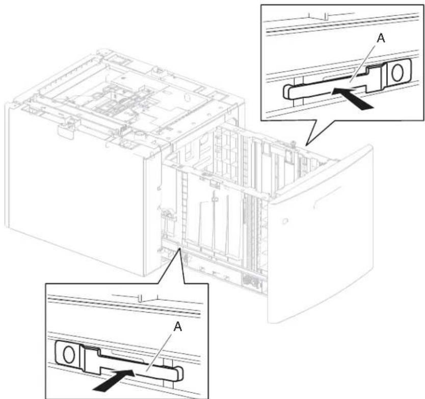 Technical diagram of a device showing internal components and labeled parts A, including a close-up view of the internal structure.