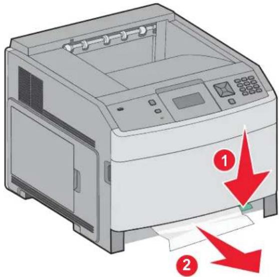 Diagram of a printer with red arrows indicating paper movement, labeled with numbers 1 and 2.