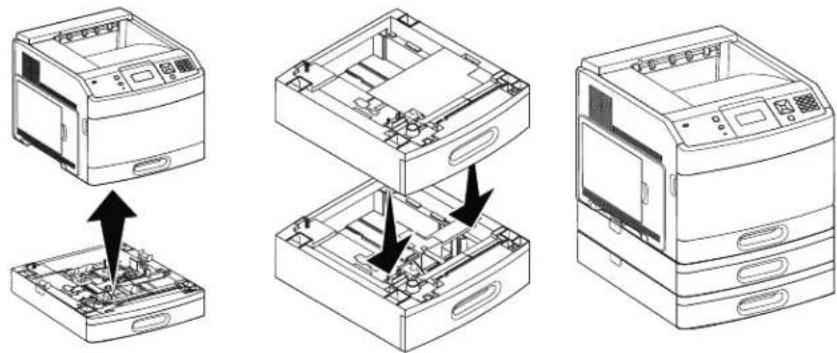 Technical diagram showing three steps of printer internal structure with arrows indicating assembly or repair.