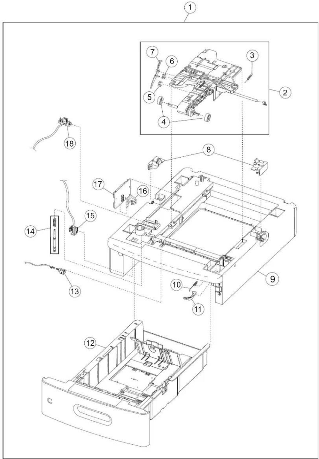 Exploded view diagram of a printer internal structure with numbered components and exploded views