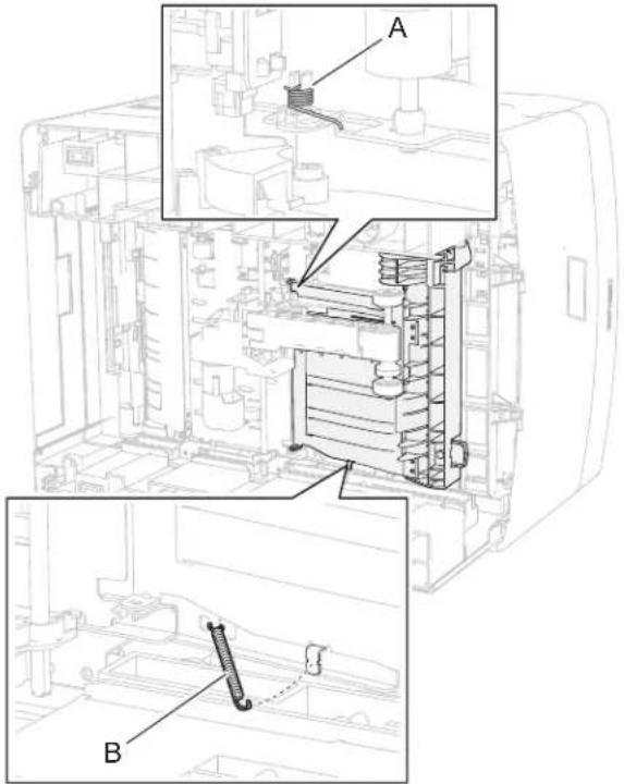 Technical diagram of a mechanical assembly with labeled parts A and B, showing internal components and structural details.