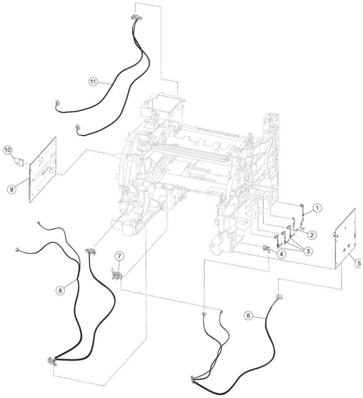 Technical diagram of a mechanical assembly with numbered components and wiring connections