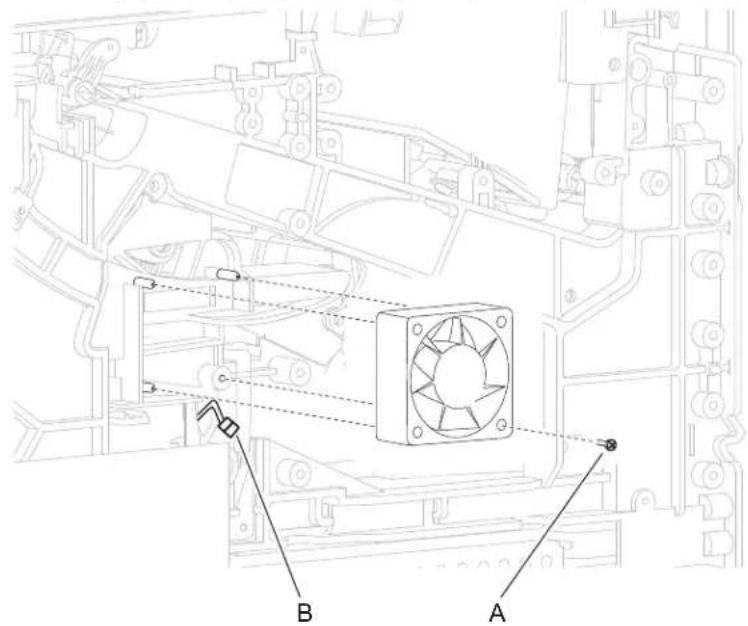 Technical diagram of a mechanical assembly with labeled components A and B, showing a fan component and alignment lines.