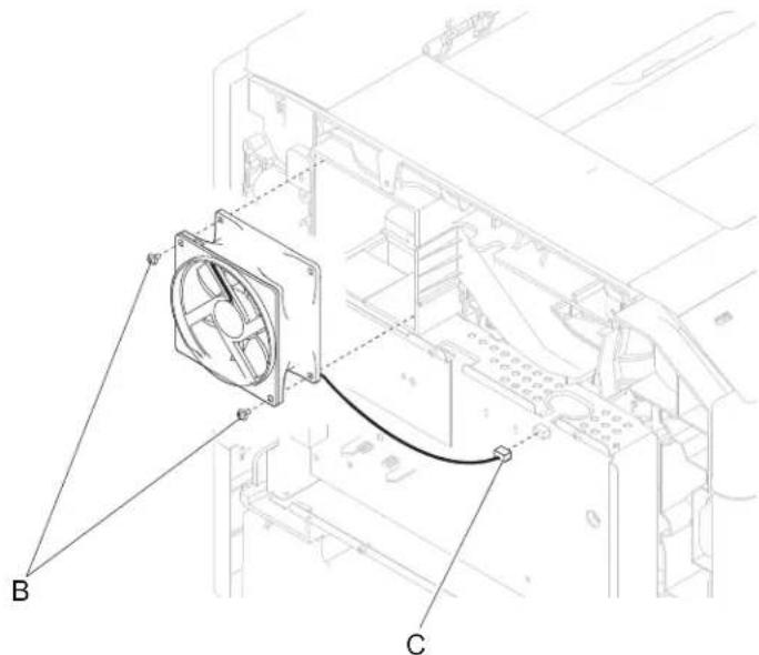Technical diagram of a mechanical assembly with labeled components A, B, and C, showing internal components and connection lines.