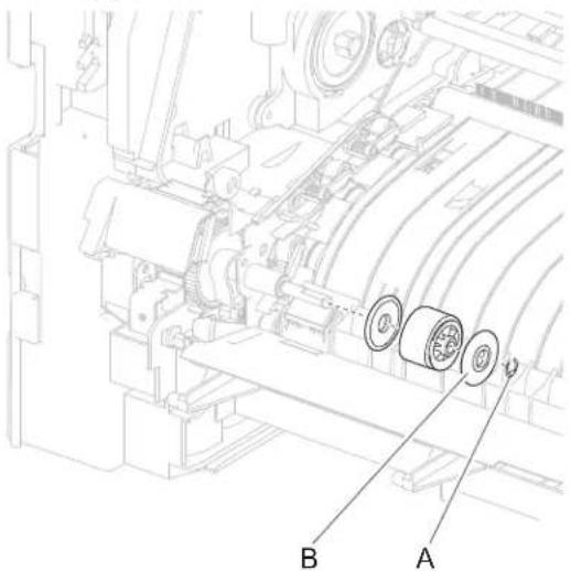 Technical diagram of a mechanical assembly with labeled parts A and B, showing internal components and motion indicators.