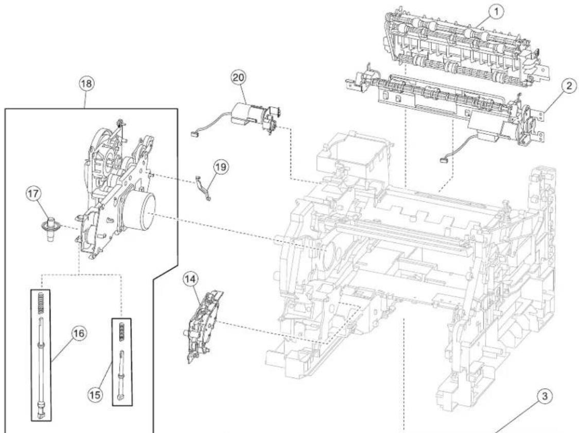Technical diagram of a mechanical assembly with numbered components, including motor, gears, and shafts.