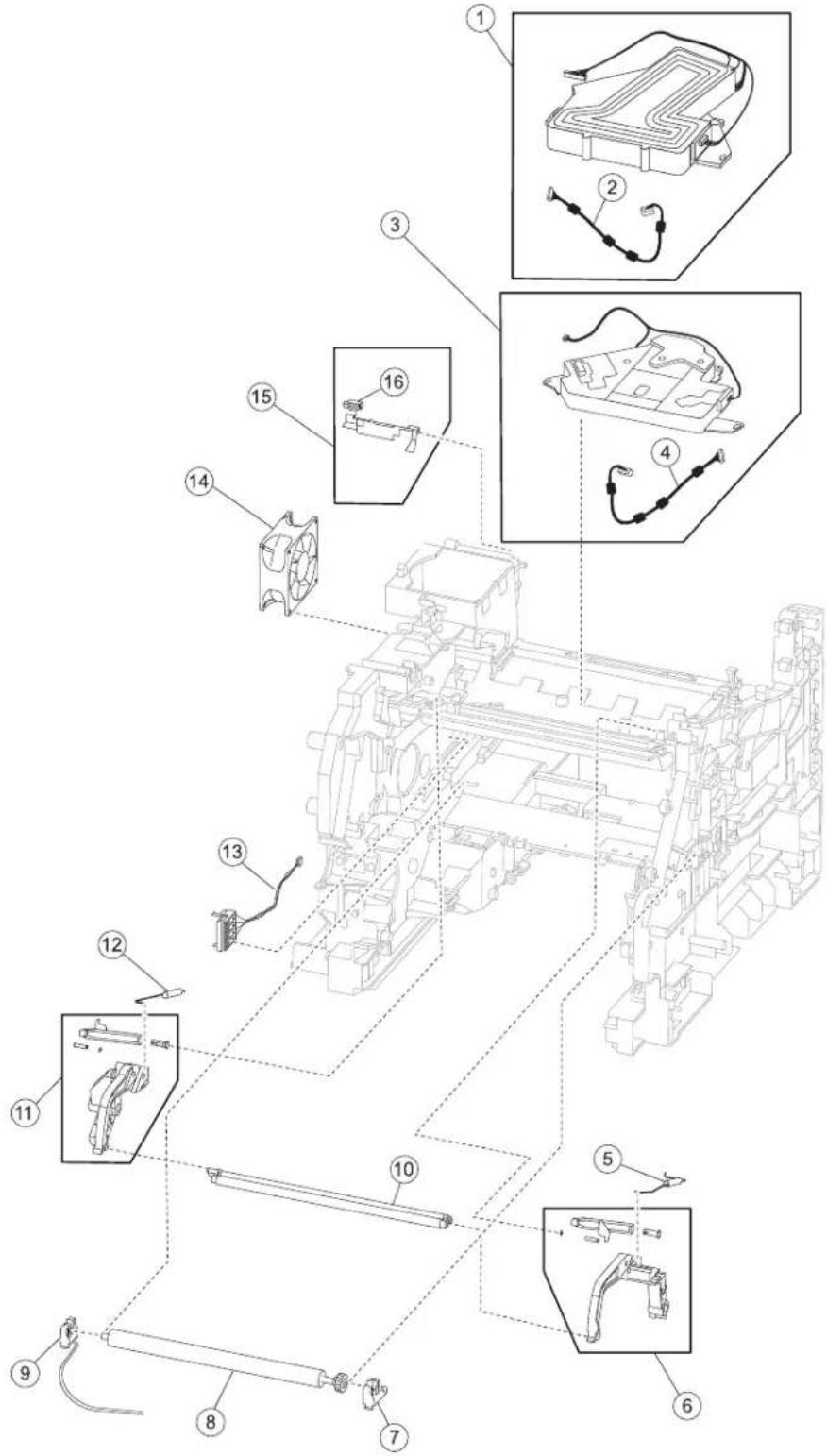 Technical diagram of a mechanical assembly with numbered components and exploded views of internal parts