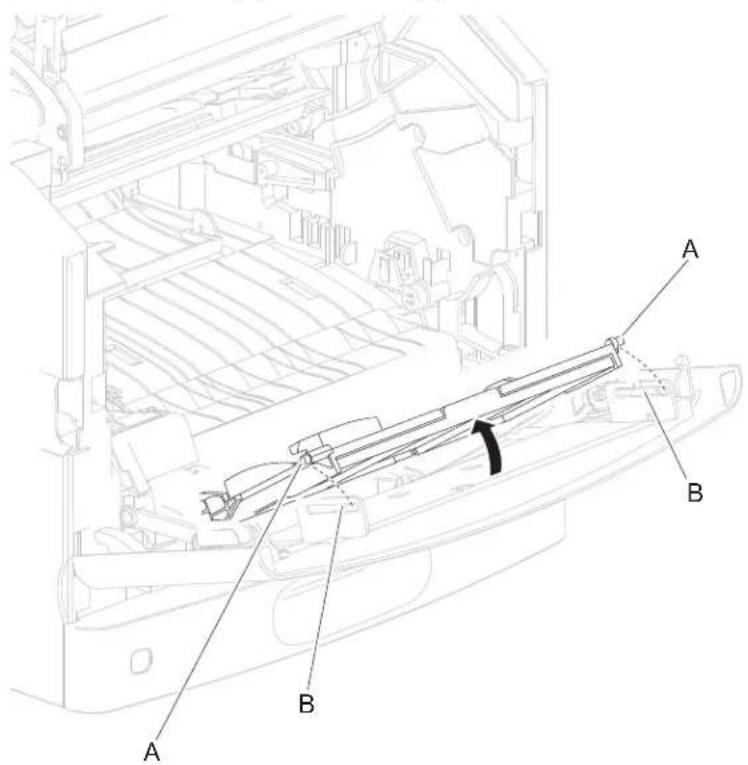 Technical diagram of a vehicle door assembly with labeled parts A and B, showing structural components and assembly details.