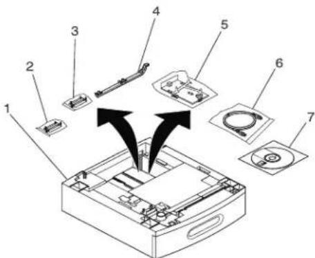 Exploded view diagram of a computer drive showing labeled parts from top to bottom, with arrows indicating assembly or component alignment.