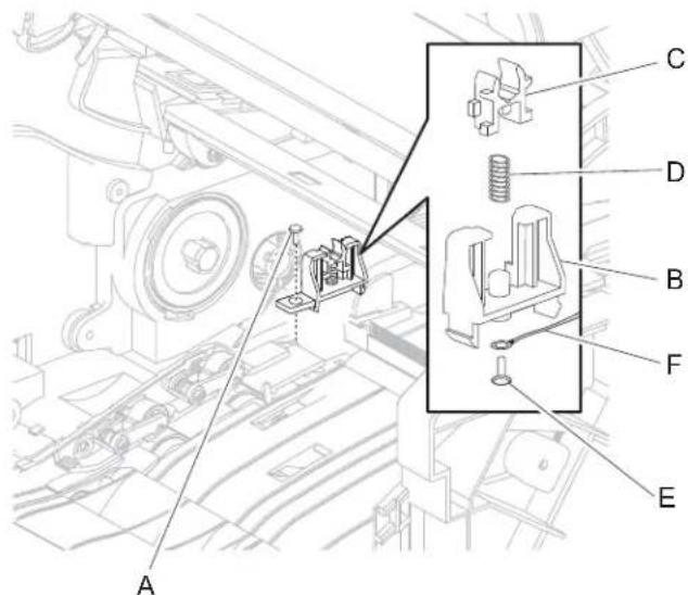 Technical diagram of a mechanical assembly with labeled parts A through E, showing internal components and alignment lines.