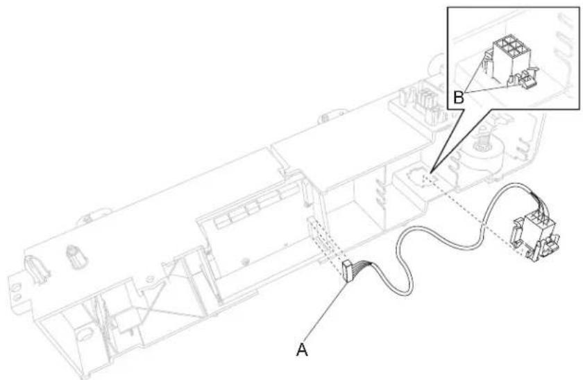 Technical diagram of an electronic device with labeled components A and B, showing internal wiring and component layout.