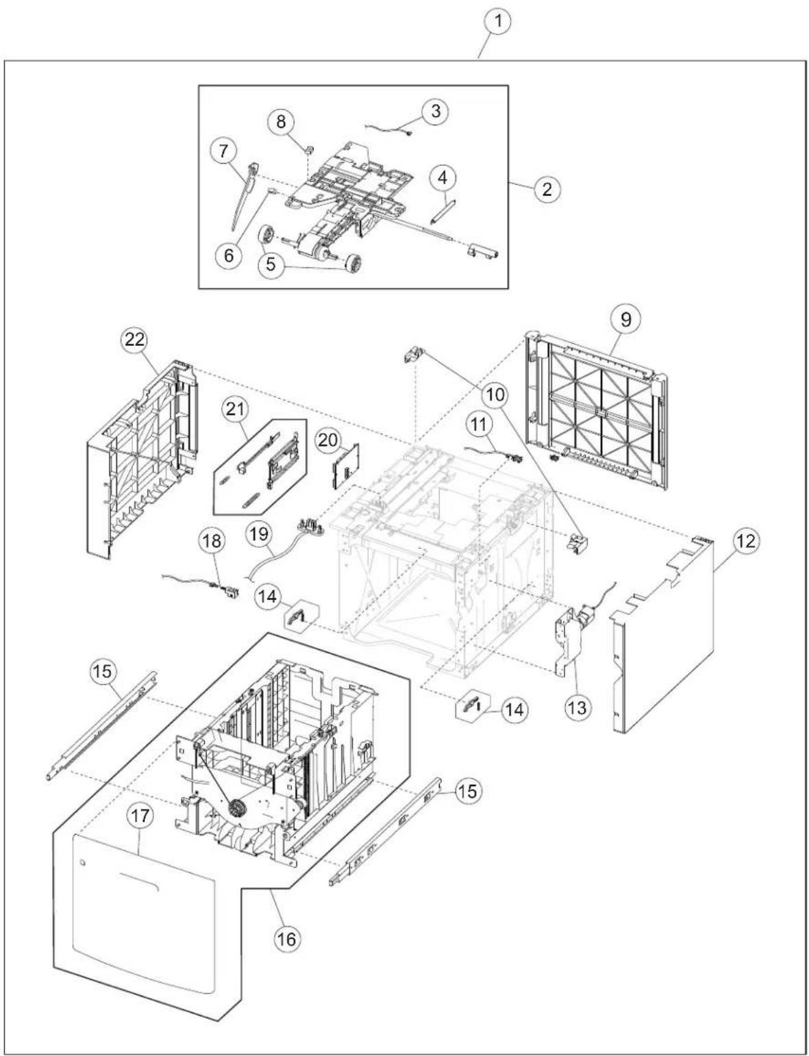 Exploded view diagram of a computer chassis with numbered components for identification and assembly reference.
