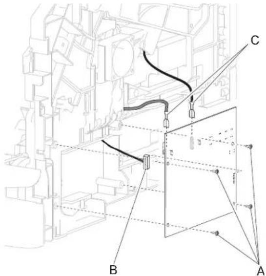 Technical diagram of a mechanical assembly with labeled components A, B, and C, showing internal structure and alignment lines.