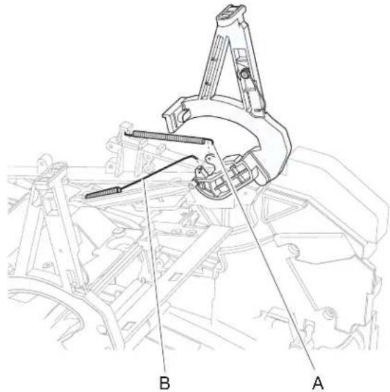 Technical diagram of a mechanical assembly with labeled parts A and B, showing structural components and assembly details.