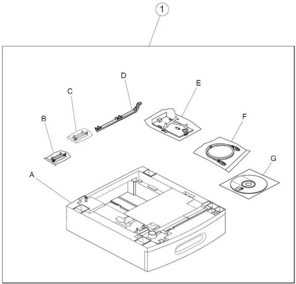 Exploded view diagram of a CD or DVD drive system with labeled components A through G