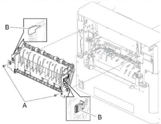 Technical diagram of a mechanical device with labeled components A and B, showing internal structure and assembly details.