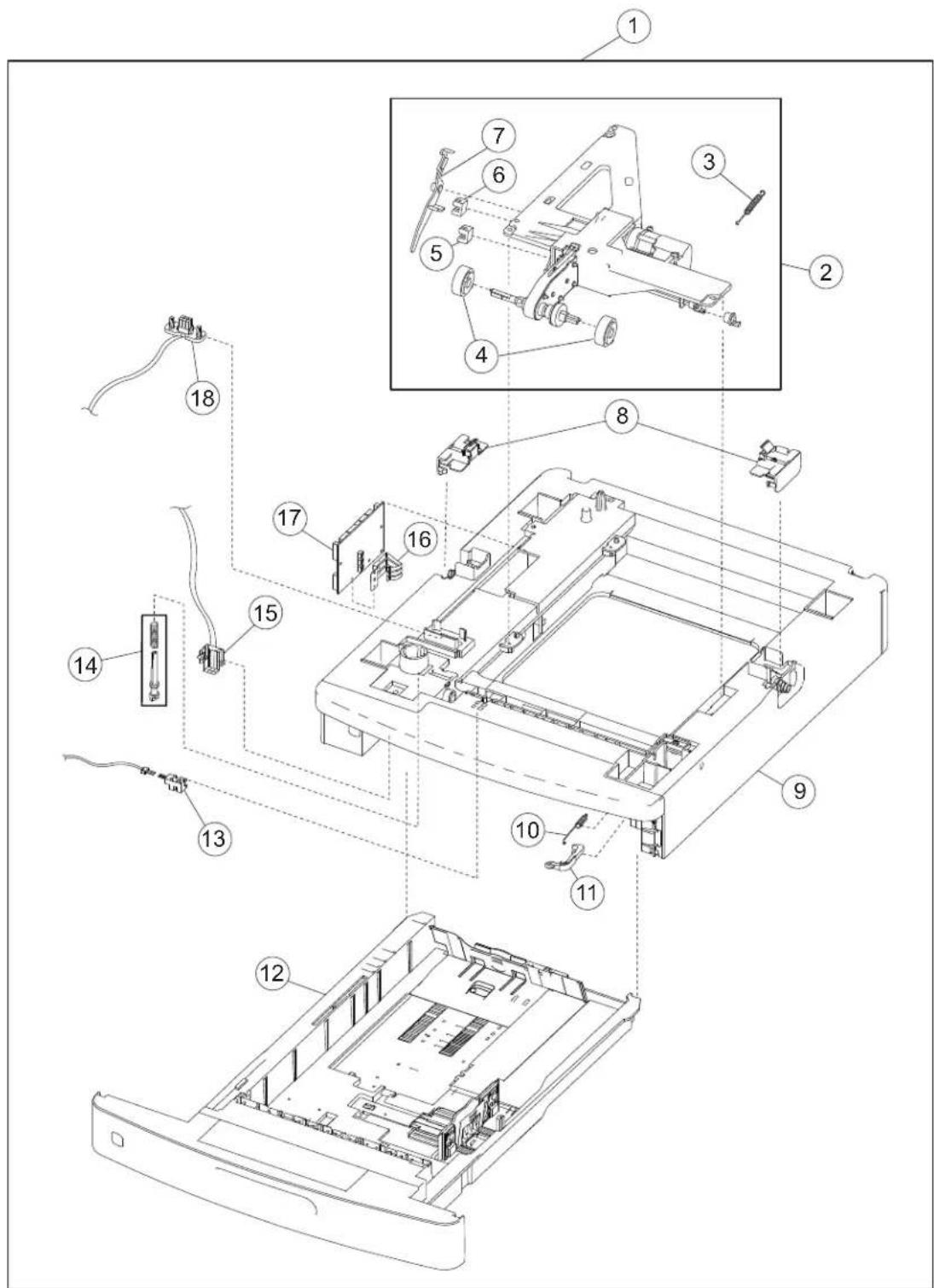 Exploded view diagram of a computer motherboard with numbered components and exploded view