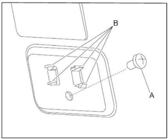 Technical diagram showing a mechanical assembly with labeled components A and B, including a central pin and alignment lines.