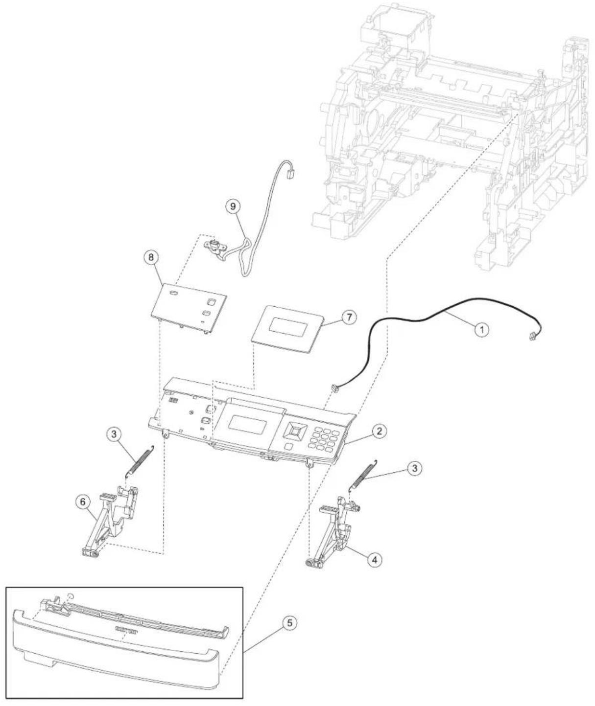 Technical diagram of a printer assembly with numbered parts and exploded view, showing internal components like circuit board, control panel, and cable.