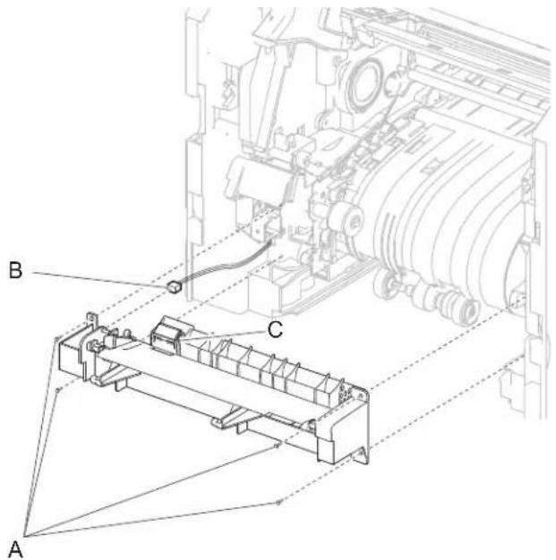 Technical diagram of a mechanical assembly with labeled components A, B, and C, showing internal components and alignment lines.