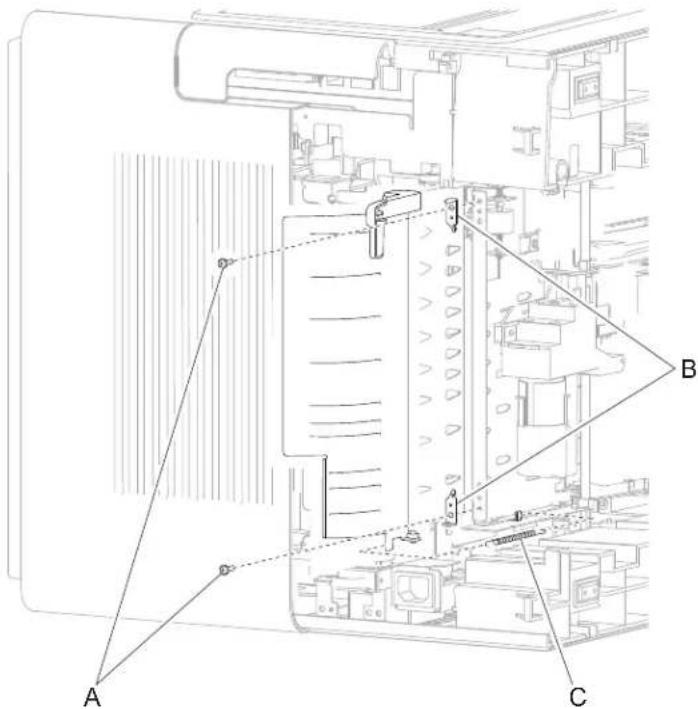 Technical diagram of a mechanical assembly with labeled components A, B, and C, showing internal structure and alignment indicators.