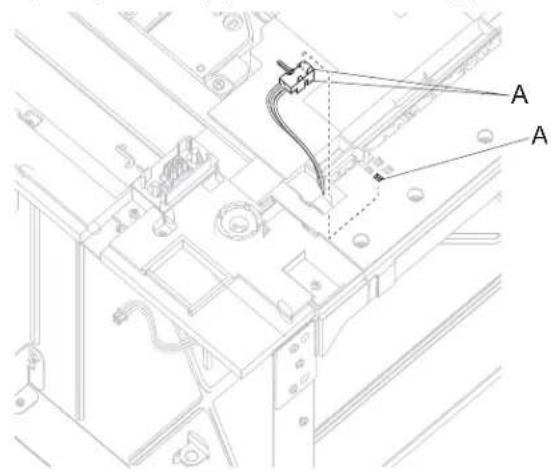 Technical diagram of a mechanical assembly with labeled components A and a highlighted connection point