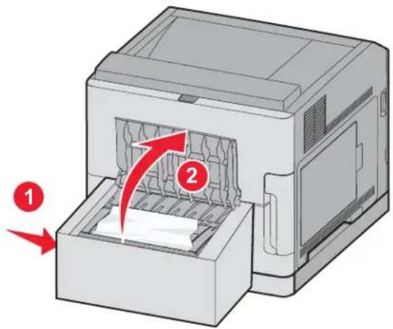 Diagram of a printer with labeled parts and red arrows indicating process flow, showing paper feeding into a printer.