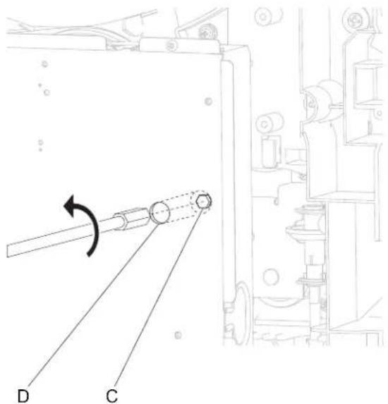 Technical diagram showing mechanical assembly with labeled components D and C, and a rotation arrow indicating motion direction.