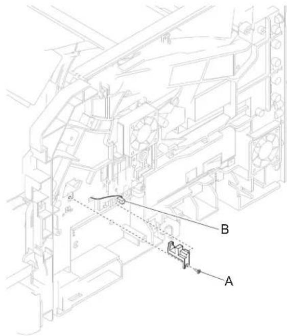 Technical diagram of a mechanical assembly with labeled components A and B, showing internal components and alignment lines.