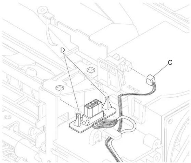 Technical diagram of an electrical component with labeled parts D and C, showing wiring connections and mounting points.